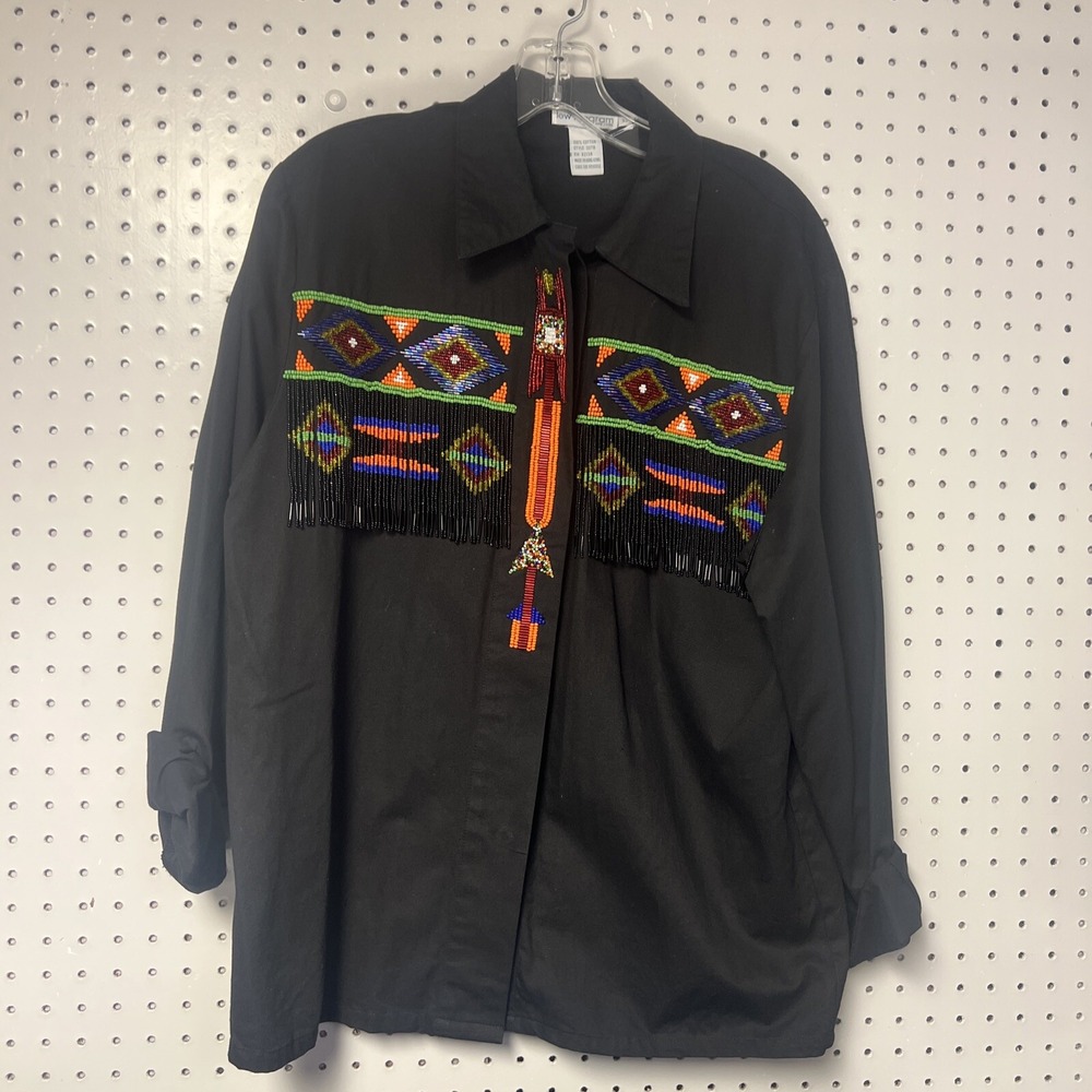 Vintage Lew Magram Womens Size 12 Black Beaded‎ Aztec Fringe Button Up Shirt